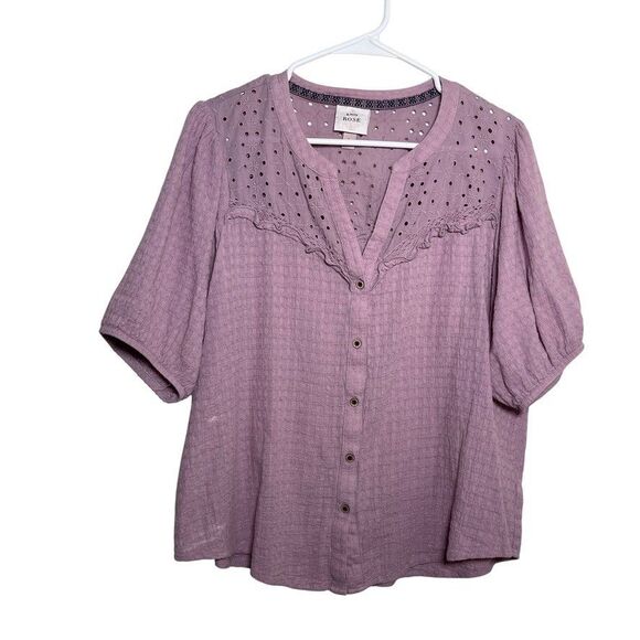 Knox Rose Blouse Women's Large Purple Eyelet Short Sleeve V-Neck Shirt Top Boho - Picture 1 of 9